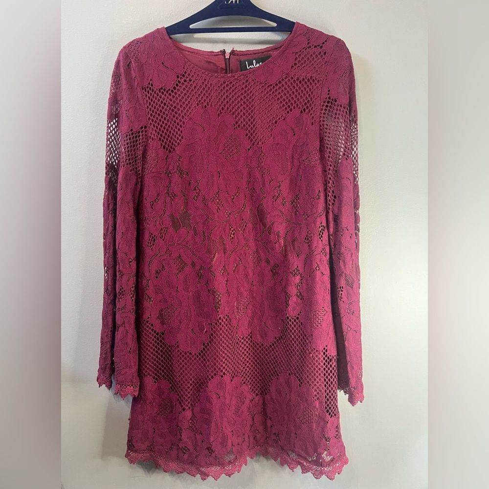 Lulus Womens Small Eggplant Burgundy Floral Lace Mini Dress Bell Sleeve Boho